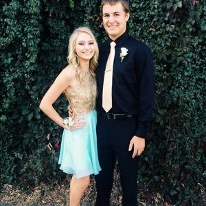 Blush Aqua Fit & Flare Gold Lace Homecoming Dress