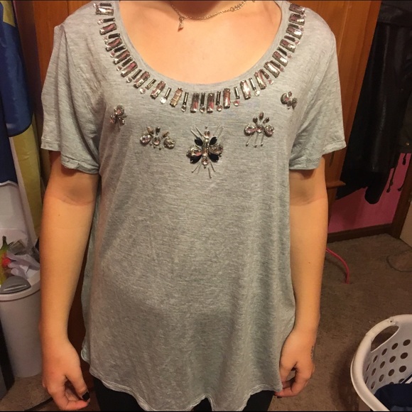 Grey jeweled neck line t shirt