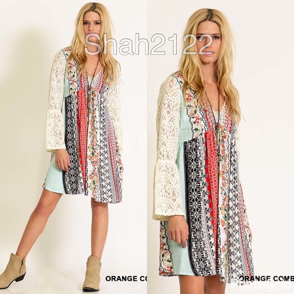 Lace bell sleeves floral printed mini dress boho L - Picture 5 of 5