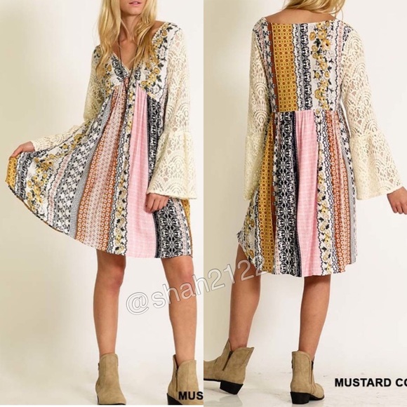 Lace bell sleeves floral printed mini dress boho L - Picture 4 of 5