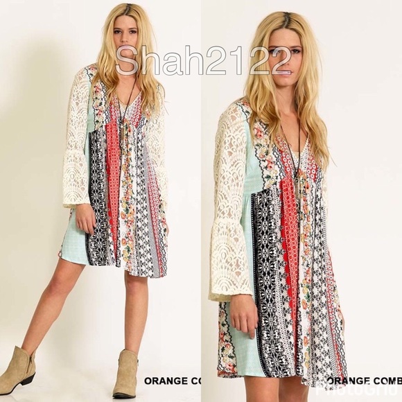 Lace bell sleeves floral printed mini dress boho L - Picture 5 of 5