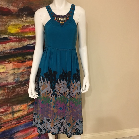 Anthropologie Blue Silk Rhinestone Racerback Dress