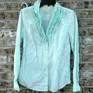 J. Crew Aqua Ruffled Button Down Blouse