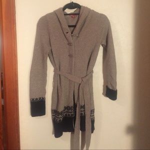 Tan and black hooded cardigan with belt