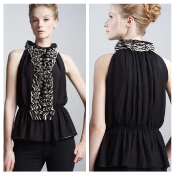 Robert Rodriguez Tops - Black & Cream Cascading Ruffle Tuxedo Blouse