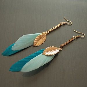 Gold and blue feather earrings