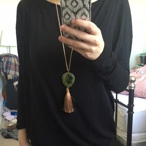 Long Green Stone Necklace with Tassle