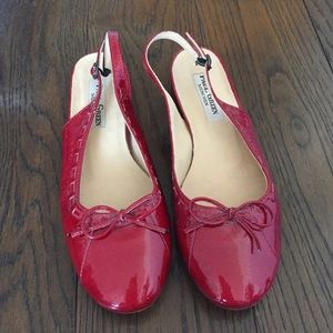 Red patent leather sling back flats
