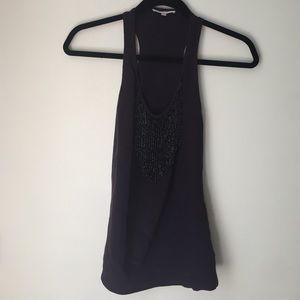 Eggplant blouse with black beads around neckline