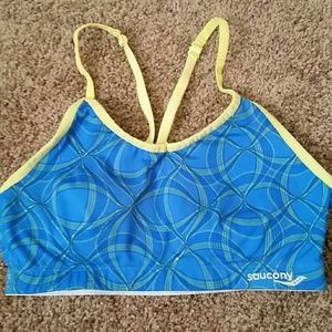 Saucony blue and yellow sports bra size small