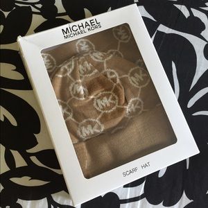 NWT Michael Kors beige scarf and hat set.