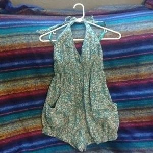 Teal, floral halter romper with pockets