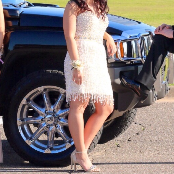 All White Beaded Prom Dress
