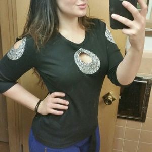 Rhinestone keyhole/cleavage and shoulder cutout!