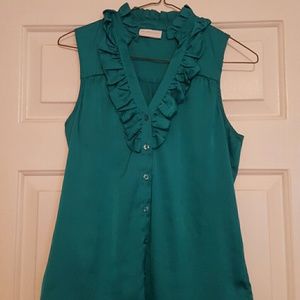 Teal button down with ruffled collar