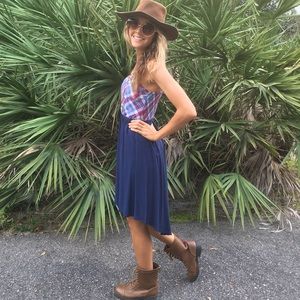 High low blue and plaid dress