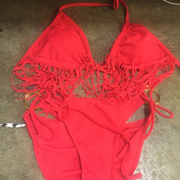 Red fringe 2 piece bikini
