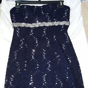 NWT strapless navy with silver lace dress