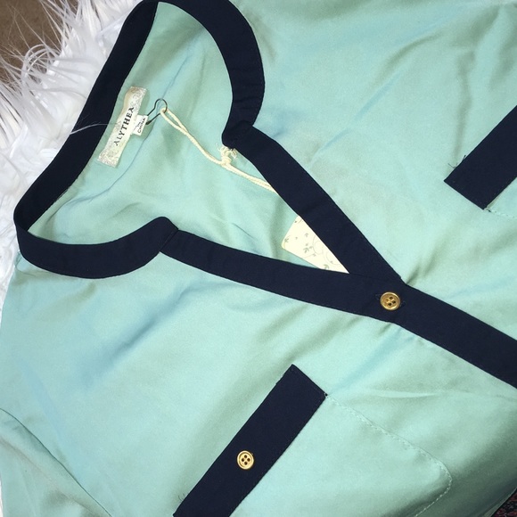 Robins Egg Blue and Navy Preppy Button Down w Gold