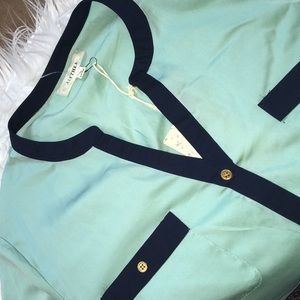 Robins Egg Blue and Navy Preppy Button Down w Gold