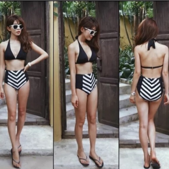 Black & white chevron stripe high waist bikini - Picture 1 of 4