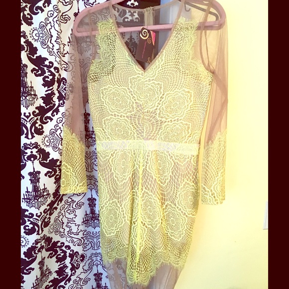 Yellow Lace Long Sleeve Sheer dress. Sexy.  Size M