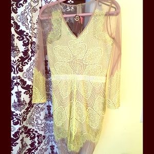 Yellow Lace Long Sleeve Sheer dress. Sexy.  Size M