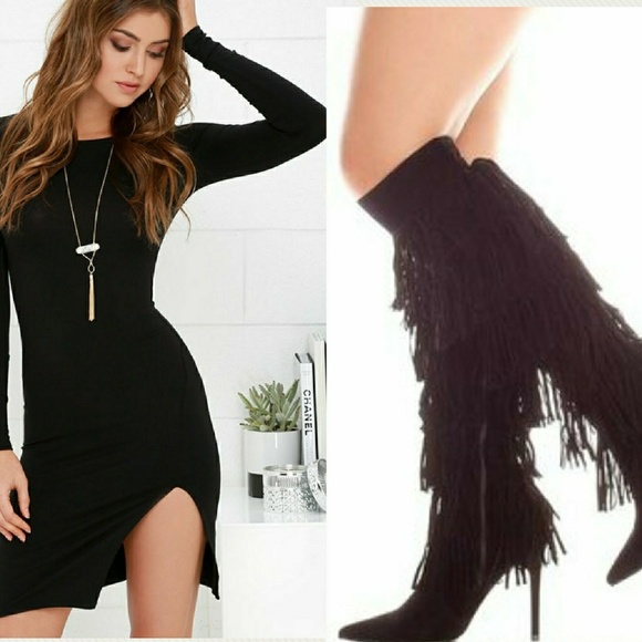 ๐โBLACKโ FRINGED OVER THE KNEE BOOTS - Picture 4 of 5