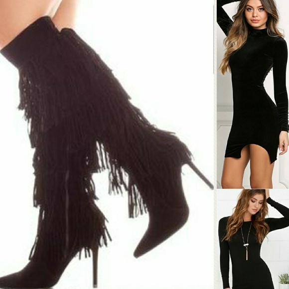 ๐โBLACKโ FRINGED OVER THE KNEE BOOTS - Picture 2 of 5