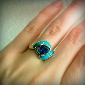 Sterling silver iolite & turquoise & diamond ring