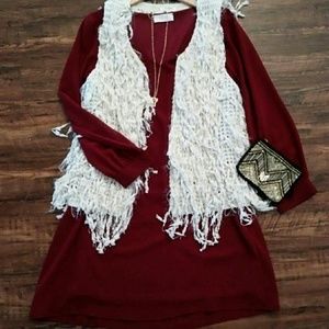 Maroon Sheer Sleeve V-Neck Dress