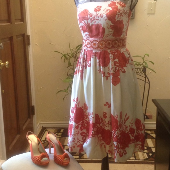 Cream & Orange/Red Flowers Dress w Sequin Detail