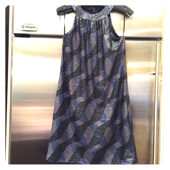 NWT blue/grey/black metallic halter dress