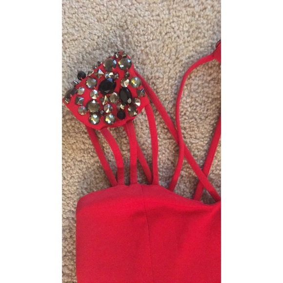 Red Midi Length - Jeweled Dress - Picture 2 of 4