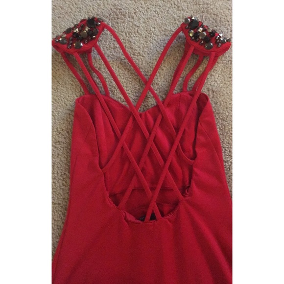 Red Midi Length - Jeweled Dress - Picture 3 of 4