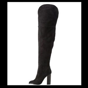 Chunky Heeled Thigh Hight Black Suede Boots