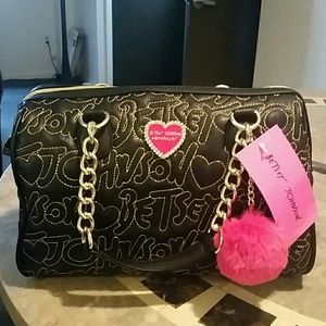 Betsey Johnson medium satchel with pink pom pom