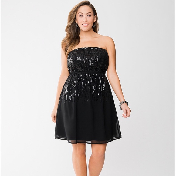 Black sequin detail strapless dress.