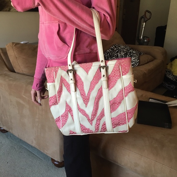 Pink and White Zebra Striped Coach Purse - Picture 4 of 4