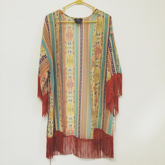 Angie Tops - Gorgeous Sheer Flowy Kimono with Orange Fringe