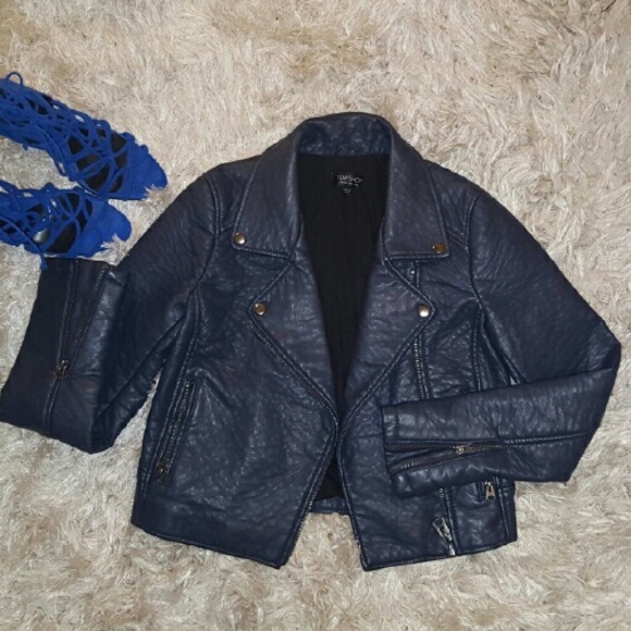 Topshop Jackets & Blazers - Pebbled Blue Faux Leather Biker Jacket