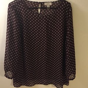 Dark burgundy shirt with white polka dots