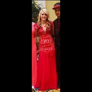Elegant Red Lace Cinderella Divine Formal Gown