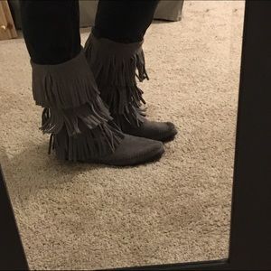 Steel gray fringe boots