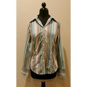 Ann Taylor Loft Teal & Tan Striped Button Down Top