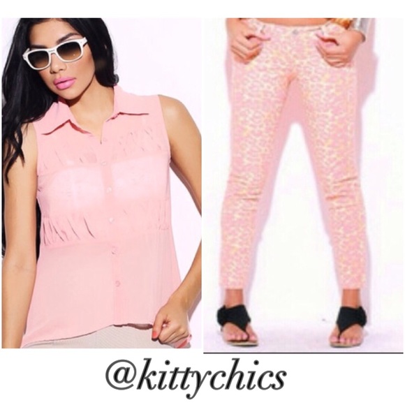 Bundle: Peach leopard jeans & Sleeveless Sheer Top