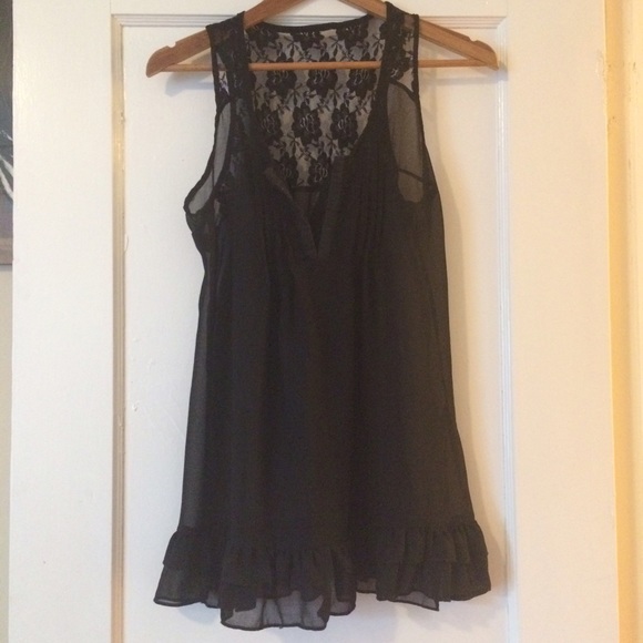 Tops - Top, Black Lace Sheer with Bottom Ruffles