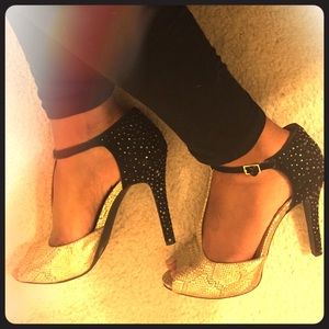 BCBGeneration Studded and Gold Snake Skin Pumps.