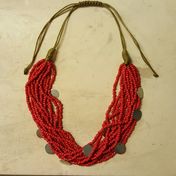 Red beaded multistrand necklace