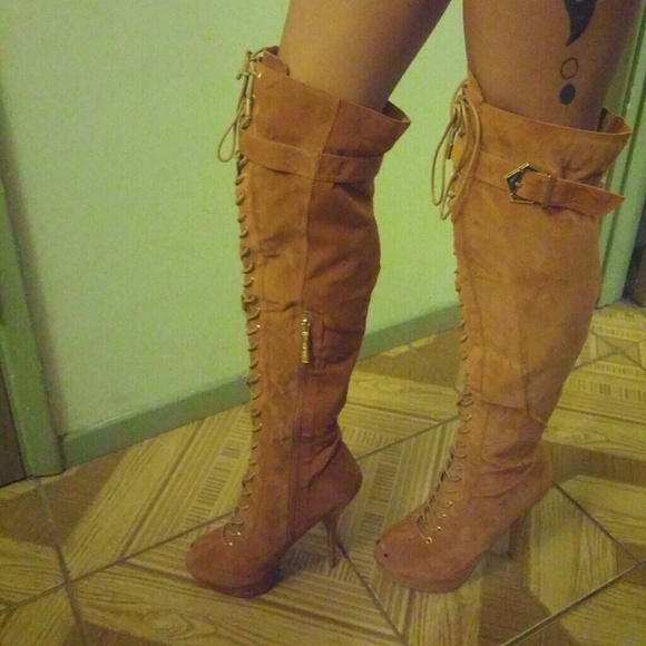 Rust peep toe over the knee boots - Picture 2 of 2